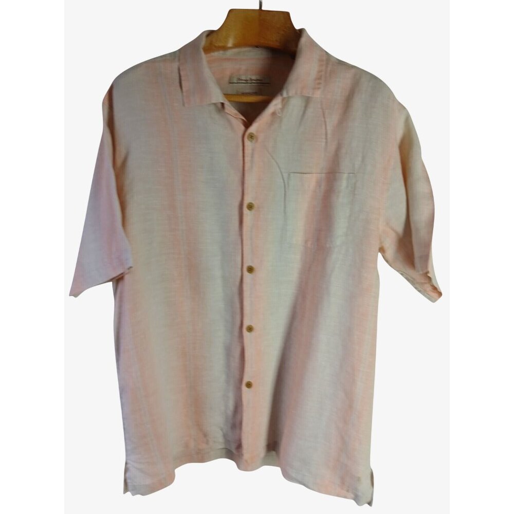 Tommy Bahama Mens Peach White Linen Button Up Shirt Original Fit Size L Beach